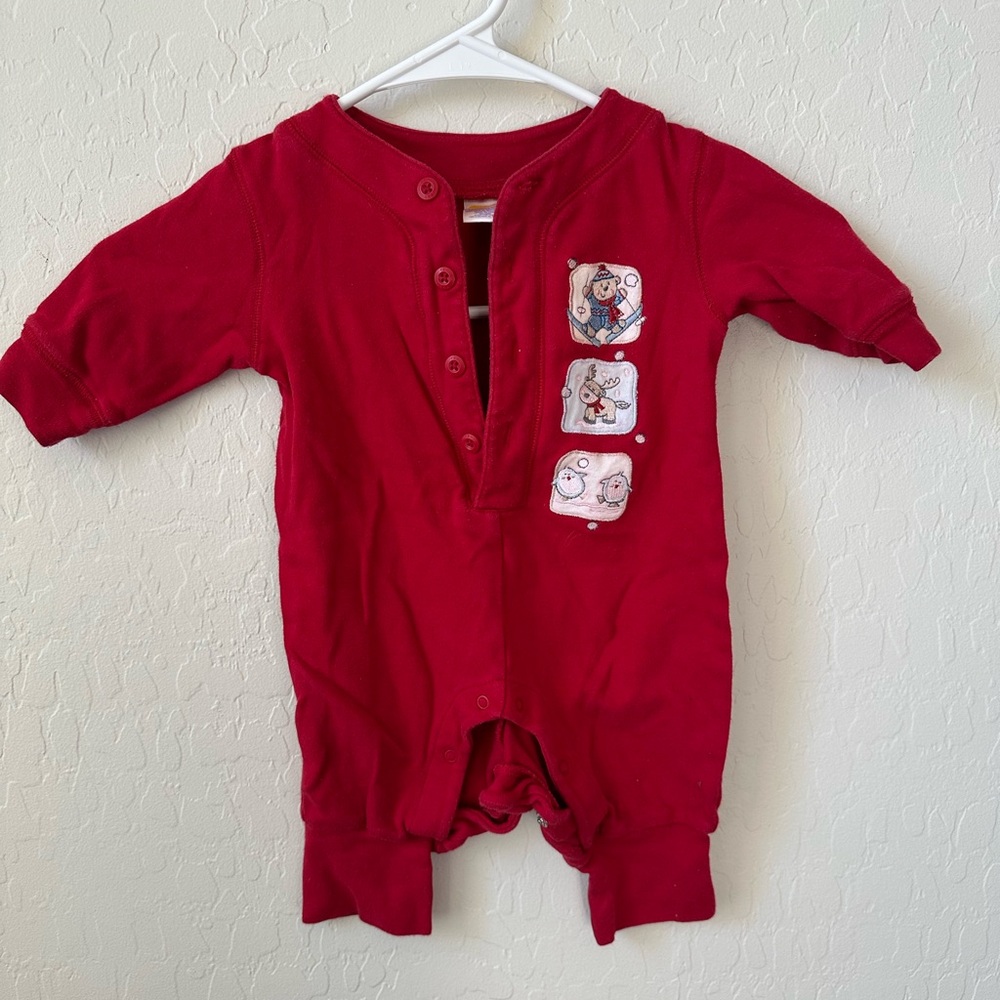 Charming Red Kids Footie with Cartoon Patches